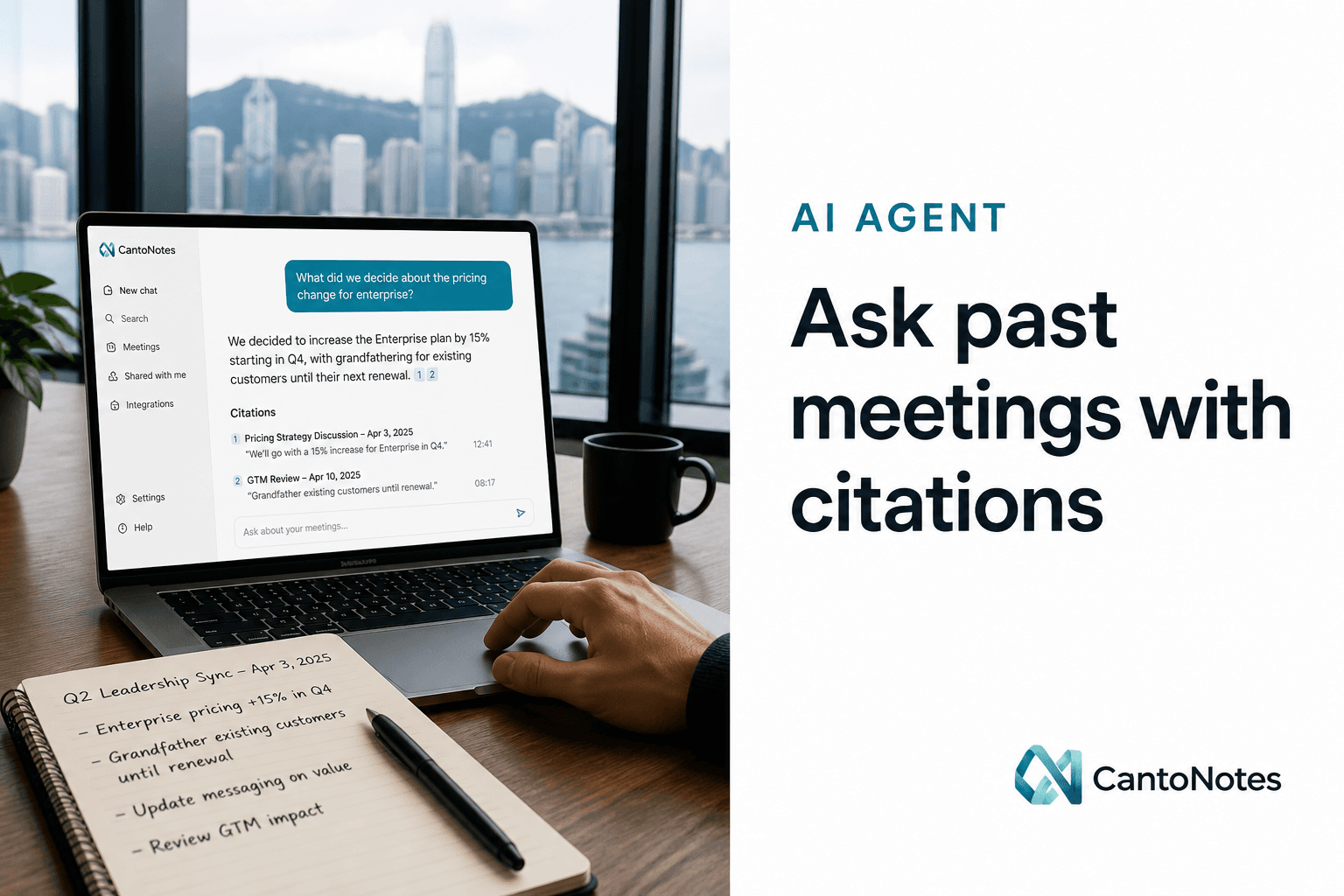Hong Kong team reviewing cited AI answers from past meetings on a laptop