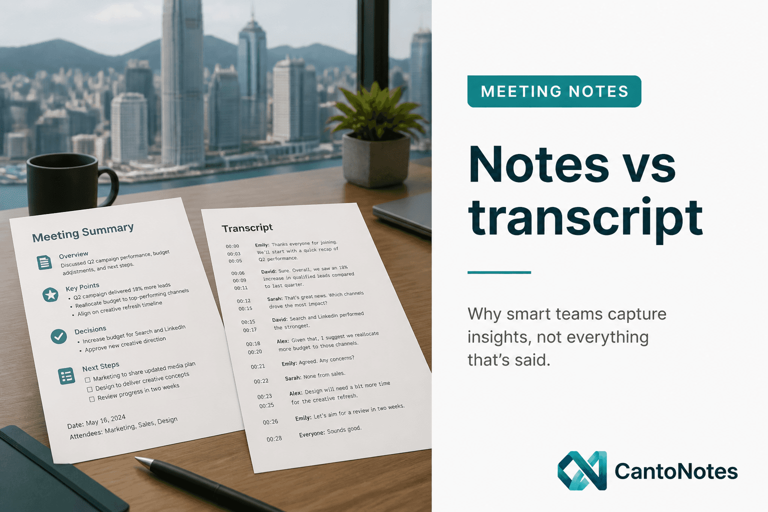 Meeting notes summary beside a full transcript for a Hong Kong team