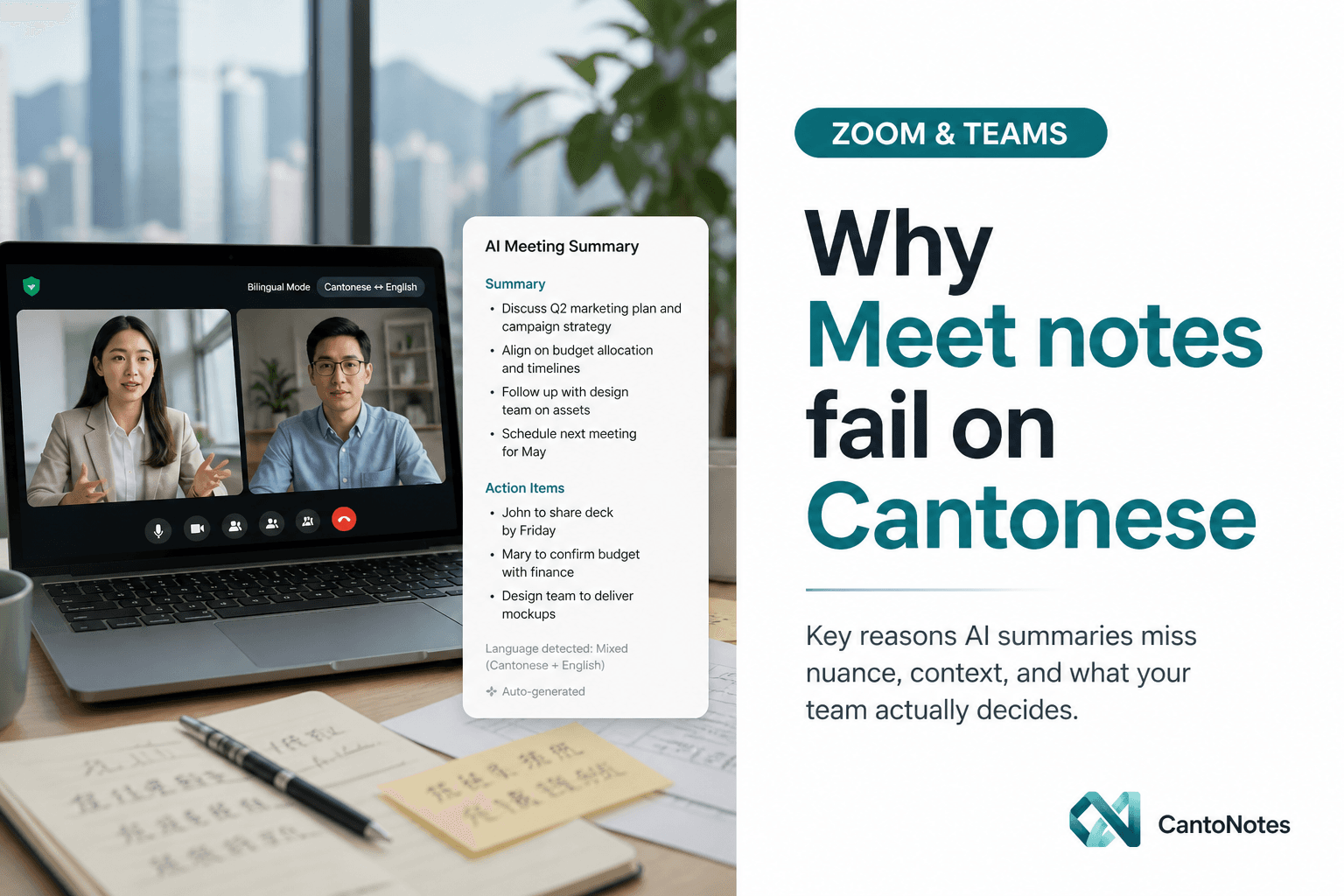 Cantonese bilingual video call with inaccurate built-in meeting notes on screen