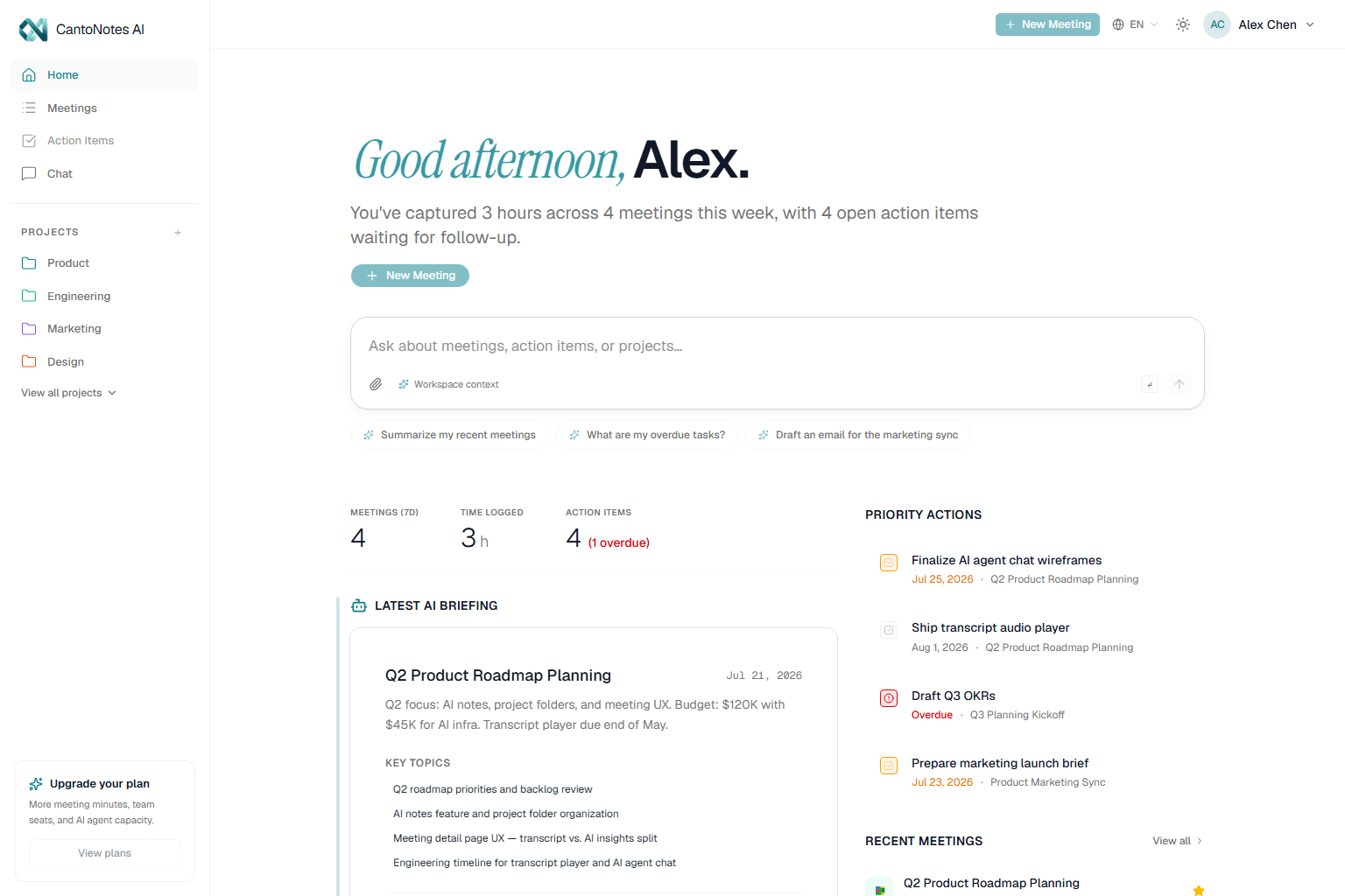CantoNotes home dashboard with AI briefing, action items, and recent meetings